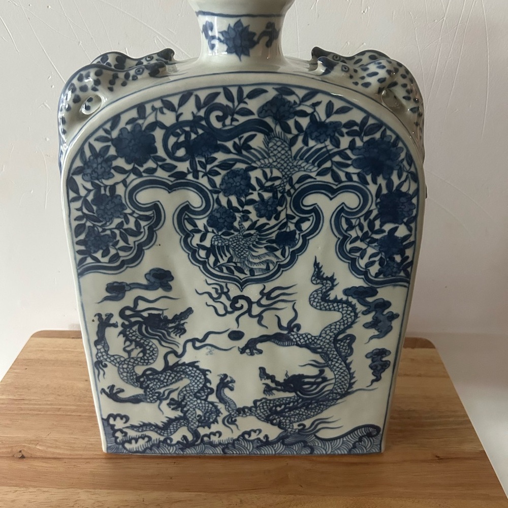Vintage Chinese Ming Dynasty Style Porcelain Blue White Dragon Phoenix Vase